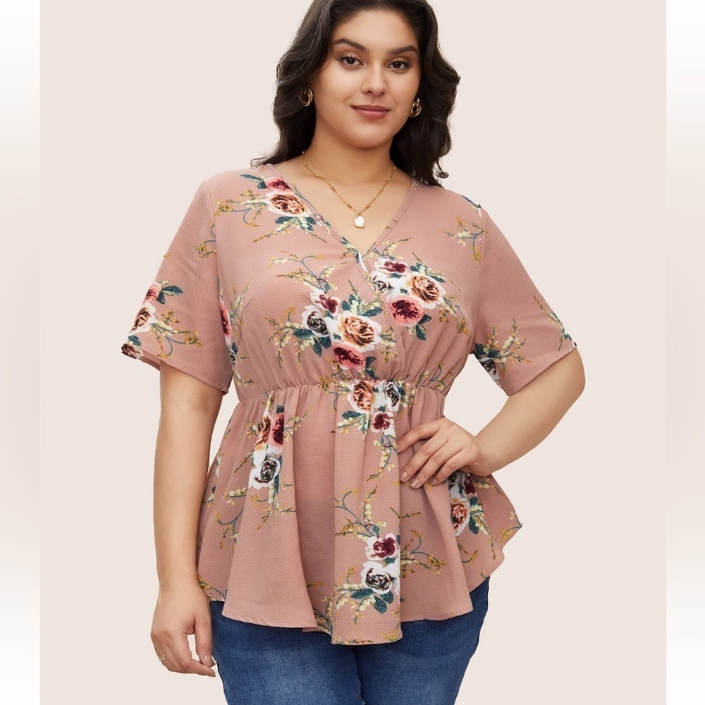 Bloomchic Floral Print Wrap Ruffles Asymmetrical Hem Burgundy Blouse